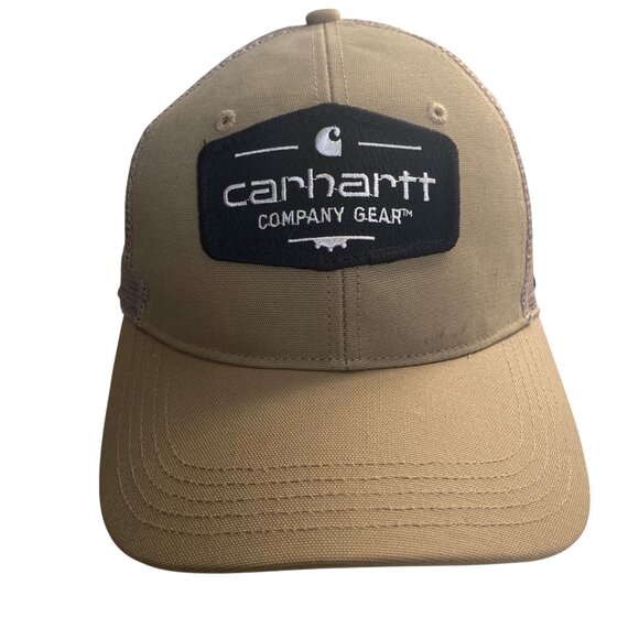 Carhartt Khaki Mesh Snapback Trucker Hat Logo Patch Cotton Blend Beige Black Cap - Picture 1 of 10